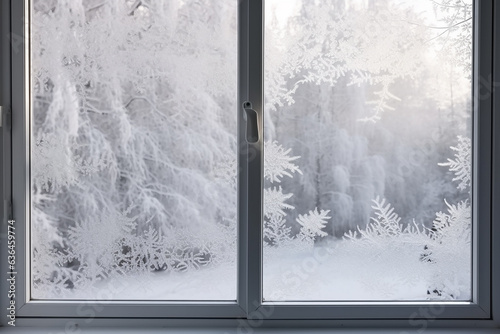 Winter window with snowflakes shape frost. Generative AI