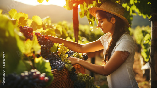 italian woman picking grapes in vineyard made with generative AI