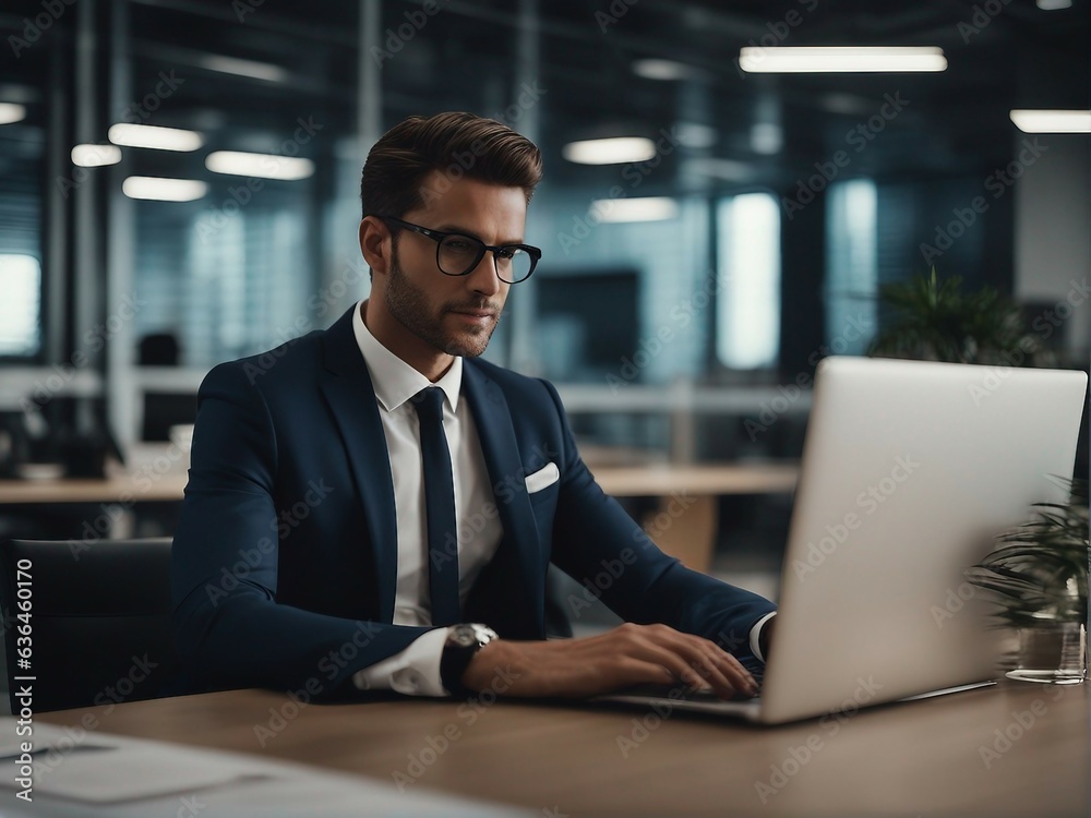Smartly dressed man in sitting in an office hard at work on his laptop 
