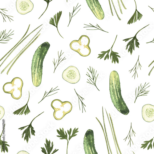 Cucumbers, peppers, herbs and spices hand drawn seamless pattern on a white background. Background with farm vegetables. Illustration.