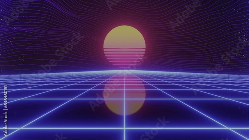 Synthwave Sunset. Animated Background. 80s Sun. Wireframe Landscape. Retro Future Perspective Grid. Retrowave Style. Sci-fi Abstract Backdrop. 3d render. Seamless loop