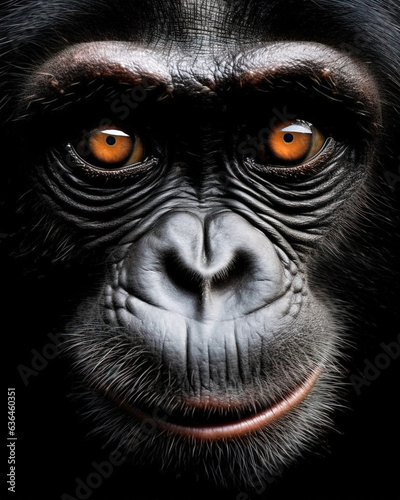 Portrait of a chimpanzee with orange eyes on a black background © Lohan