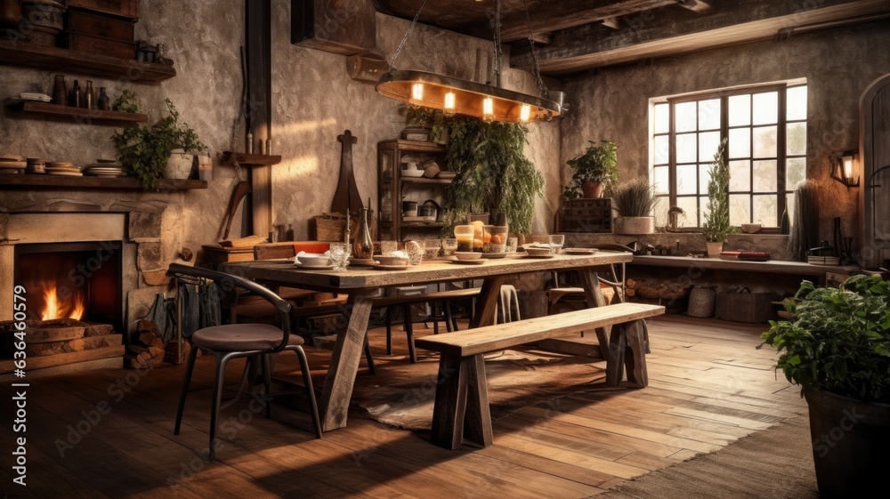 Interior design inspiration of Rustic Industrial style home dining room loveliness decorated with Stone and Wood material and Fireplace .Generative AI home interior design .