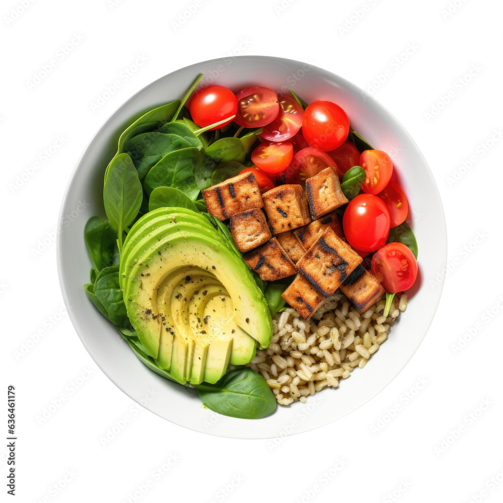 Healthy Farro Bowl with Spinach, Grilled Tofu Tomatoes and Avocado Isolated on a Transparent Background Shot From Above Healthy Farro Bowl with Spinach, Grilled Tofu Tomatoes and Avocado Isolated on a Transparent Background Shot From Above