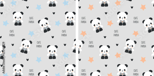 Cute panda seamless pattern set. Cartoon lovely animal, beauty lettering and pink blue stars repeat on light grey background. Kids design vector illustration.