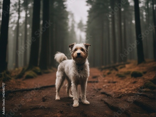 Wet scruffy dog, outside standing in a forest