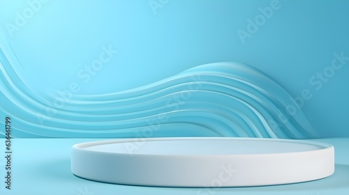 Minimalist Room with a beautiful Stage in Light Blue Colors. Modern and Futuristic Background for Product Presentation.