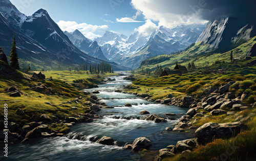 Beautiful mountain landscape with a river in the foreground. Digital painting
