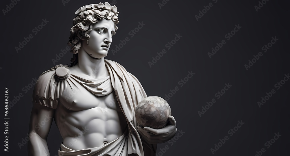 Gypsum figure, male, white, statue of the ancient Greek god Apollo on a black background. Free space.