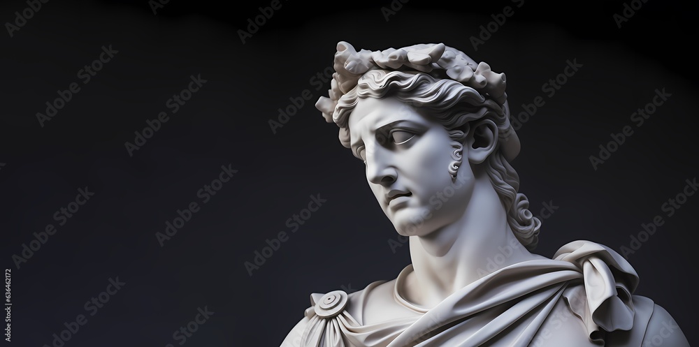 The head of the plaster figure of the ancient Greek god Apollo, white on a black background. Copy space.