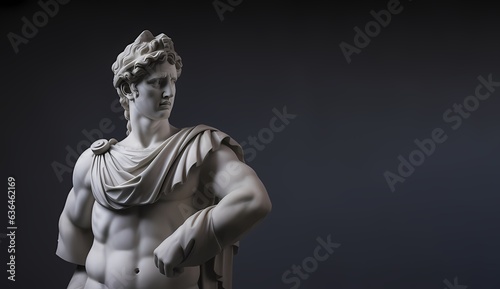 Statue of a plaster figure of an ancient Greek god, white on a black background. Copy space.