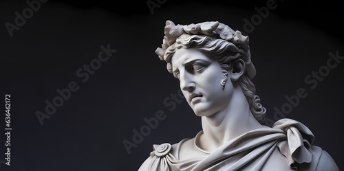 The head of the plaster figure of the ancient Greek god Apollo, white on a black background. Copy space.