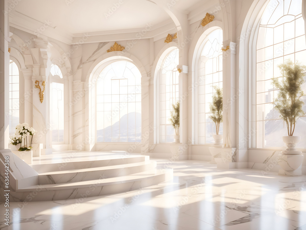 White Spacious Marble Luxury Interior Room with Sunny Window, Generate Ai