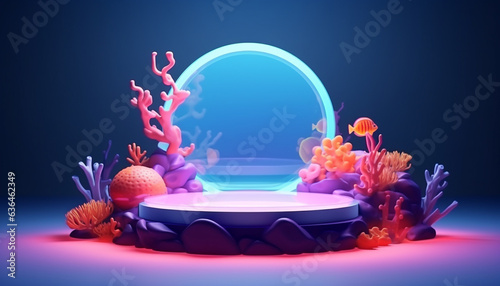 podium with colorful coral background 3d cartoon made with generative AI