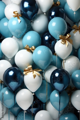 Composition of blue, white and teal balloons with helium and glitter confetti. Holiday, birthday or New Year concept. Party decoration. Background for invitation card with copy space