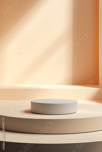 Abstract empty white podium with shadows on light orange background. Stage for product on website. Mock up stand for presentation cosmetic products. Minimal concept. Advertising vertical template