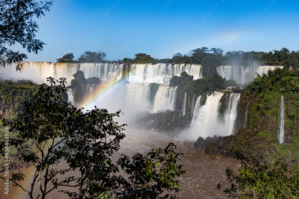Fototapeta premium Iguazu Falls at Isla San Martin, one of the new seven natural wonders of the world in all its beauty viewed from the Argentinian side - traveling and exploring South America 