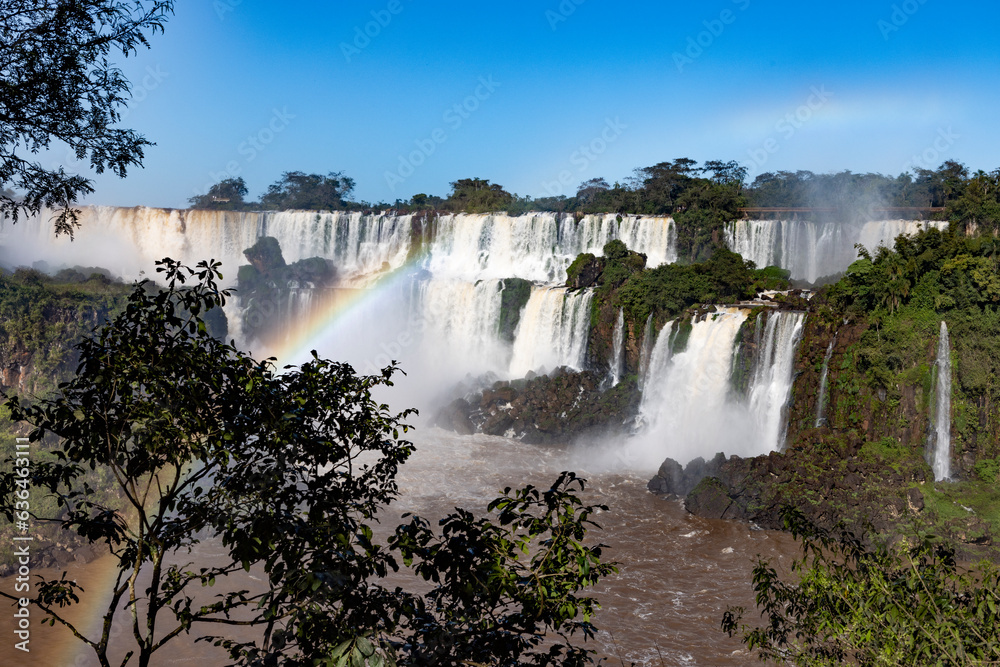 Fototapeta premium Iguazu Falls at Isla San Martin, one of the new seven natural wonders of the world in all its beauty viewed from the Argentinian side - traveling and exploring South America 