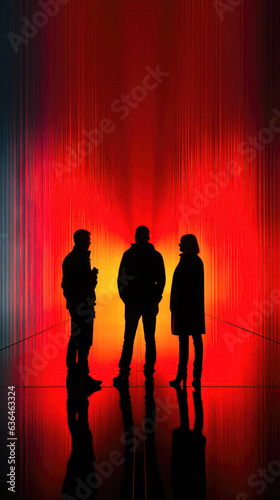 People standing on a red and black background with a beam of light