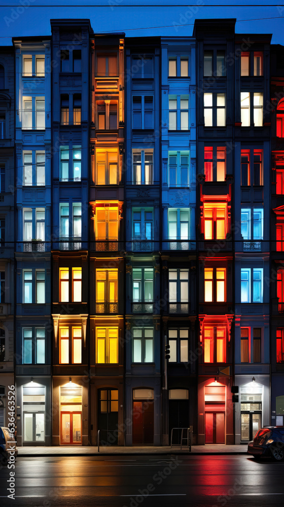 Colorful facades of buildings at night