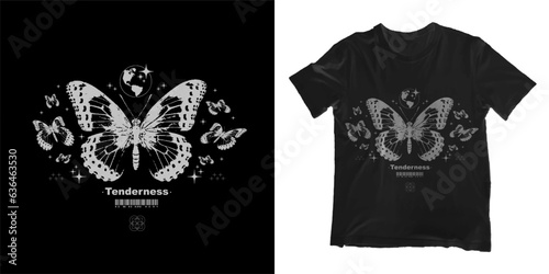 Grunge poster with butterfly. Gothic elements for design, print for t-shirt, hoodie and sweatshirt. Isolated on black and white background