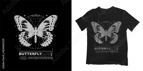 Grunge poster with butterfly. Gothic elements for design, print for t-shirt, hoodie and sweatshirt. Isolated on black and white background