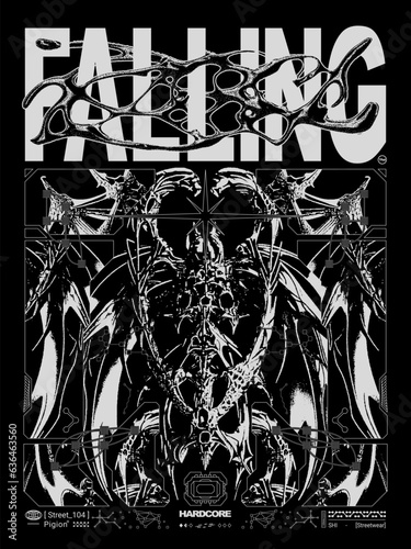 Modern poster in gothic style with text "Falling". Liquid gothcore print, 3D abstract symmetrical spikes with bones. Dark print for t-shirt, hoodie and sweatshirt