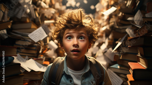 Young boy student sitting stunned and overwhelmed amidst a never ending pile of books and papers surrounding him - Generative AI.