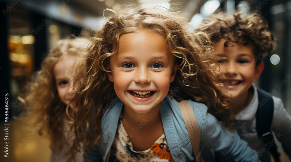 Excited young children laughing and running down the hallway of thier school - Generative AI. Excited young children laughing and running down the hallway of thier school - Generative AI.