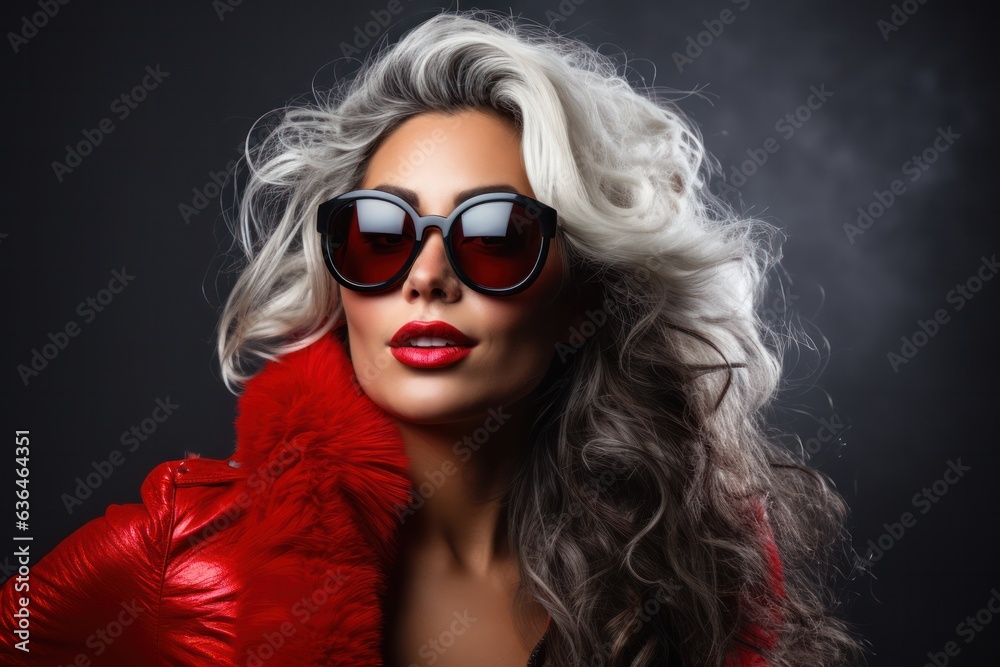 Attractive cool female santa claus with sunglasses portrait, she has long hairs and red and white heat, generative ai