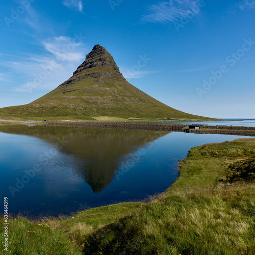 Mount Kirkjufell located on the west coast of Iceland, on the Snæfellsnes peninsula. Iceland icon.
