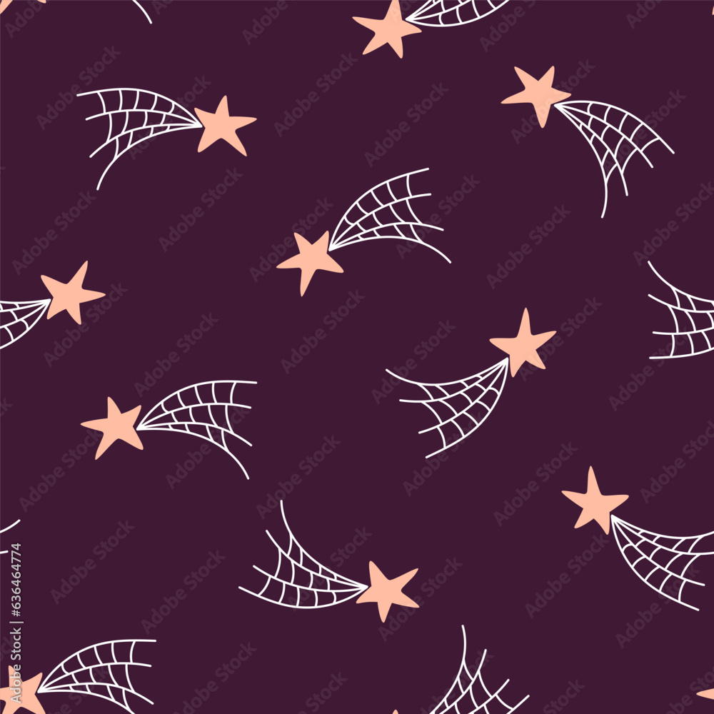Seamless pattern with stars, comets, web. Children's print of the night space sky for Halloween. Vector graphics. Seamless pattern with stars, comets, web. Children's print of the night space sky for Halloween. Vector graphics.