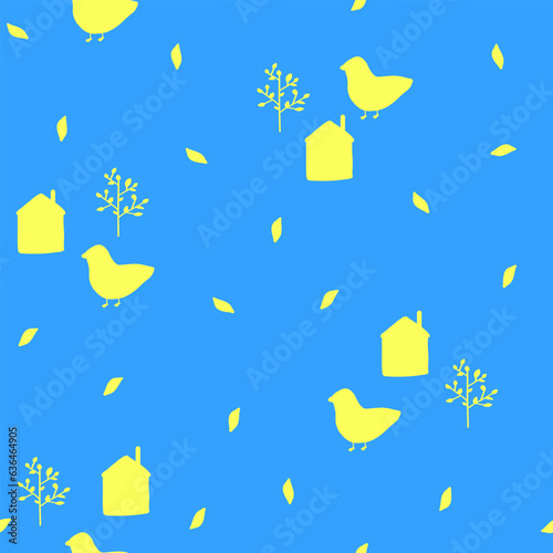 Bird silhouette,house and tree seamless ukrainian pattern,hand drawn spring garden print. Botanical illustration for home decor, interior design, wallpaper, kids fashion, cover design,packaging paper