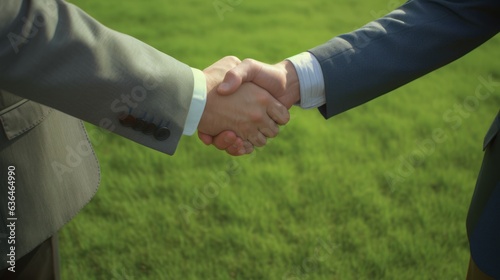 A handshake of two business men against the background of an empty lawn