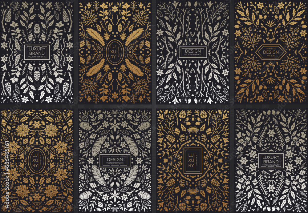 Luxury abstract backgrounds, save the date floral invitations, vintage frames. Merry Christmas sketch winter floral design templates for xmas products. Use for package, branding, poster, brochure,