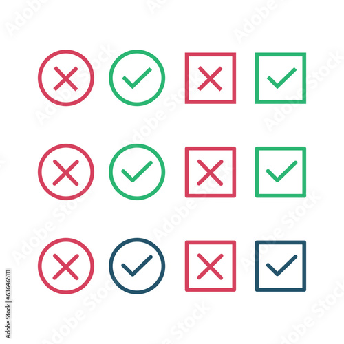 Correct Incorrect Set of simple web buttons: green checkmark and red cross. Circle and square, with sharp and rounded corners (ID: 636465111)