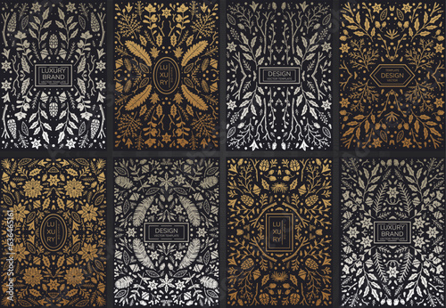 Luxury abstract backgrounds, save the date floral invitations, vintage frames. Merry Christmas sketch winter floral design templates for xmas products. Use for package, branding, poster, brochure,