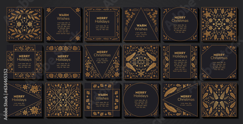 Vector set of luxury floral patterns, invitation cards, banners. Merry Christmas sketch winter flowers design Package for perfume, jewelry