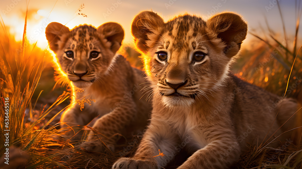 lion cubs on sunset savannah 
