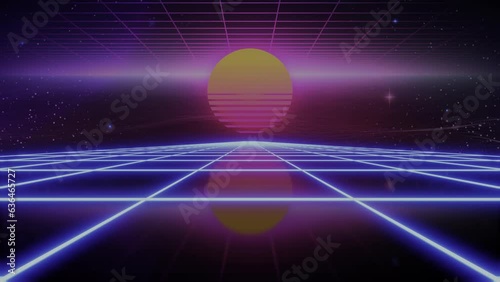 Synthwave Sunset. Animated Background. 80s Sun. Wireframe Landscape. Retro Future Perspective Grid. Retrowave Style. Sci-fi Abstract Backdrop. 3d render. Seamless loop