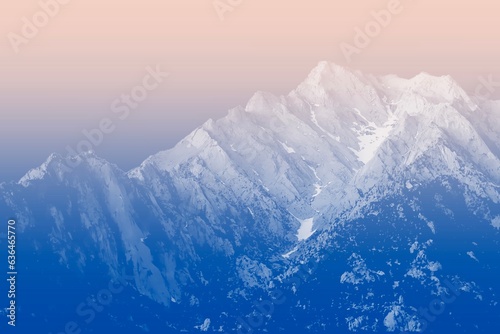 Canvas Print creative photo of mountains with snow covered peak and sunset sky