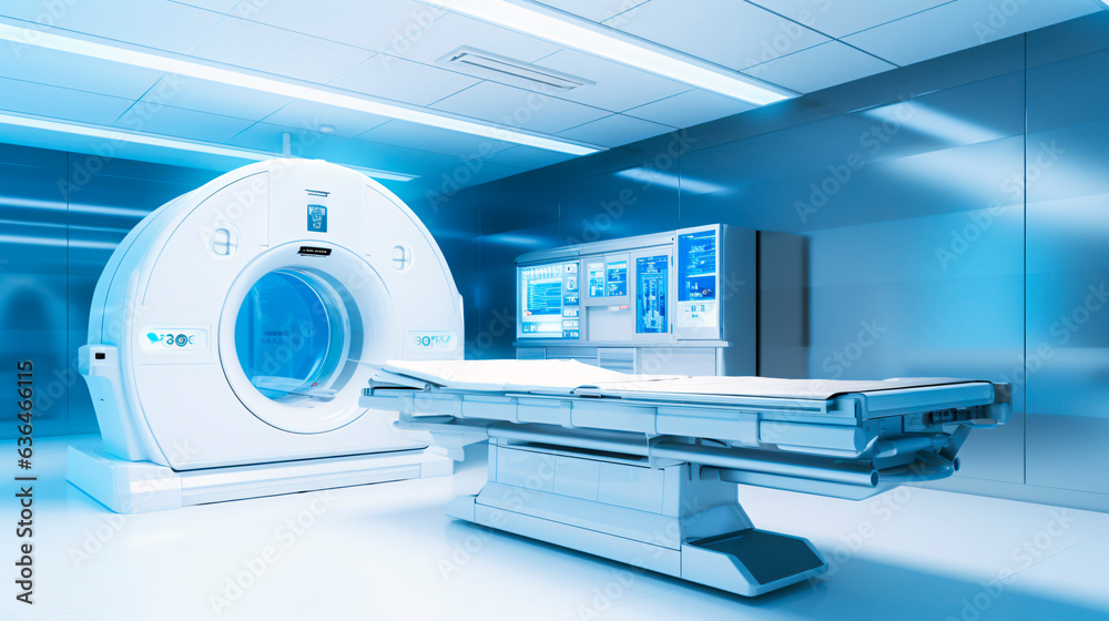 Advanced MRI or CT Scan medical diagnosis machine at hospital lab, featuring various connected devices. Generative Ai Advanced MRI or CT Scan medical diagnosis machine at hospital lab, featuring various connected devices. Generative Ai