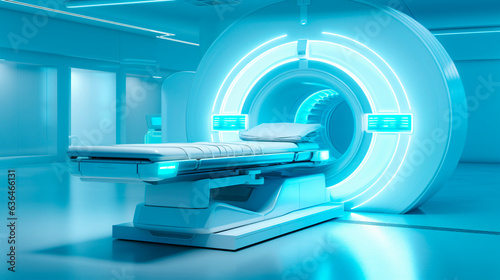 Advanced MRI or CT Scan medical diagnosis machine at hospital lab, featuring various connected devices. Generative Ai