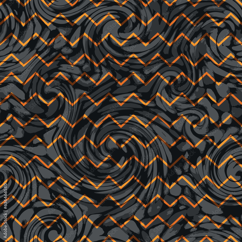 Modern golden zig zag lines over a balck and grey waves seamless pattern Modern golden zig zag lines over a balck and grey waves seamless pattern