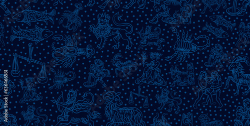 Beautiful hand drawn zodiag symbols in medieval style with stars seamless pattern