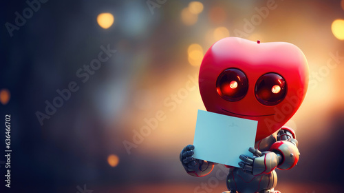 Cute robot holding a paper red heart