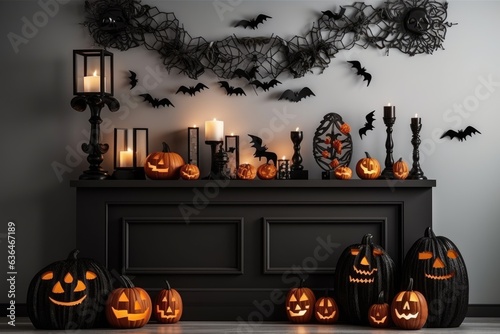 Festive Halloween decorated commode with Jack-o-Lanterns, bats and candles, generative ai photo