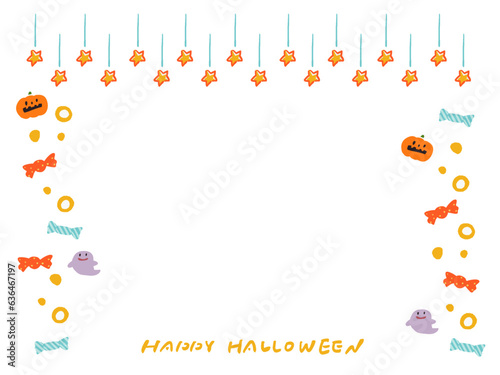 ハロウィンの星とかぼちゃとおばけの手描き風かわいいフレームイラスト	