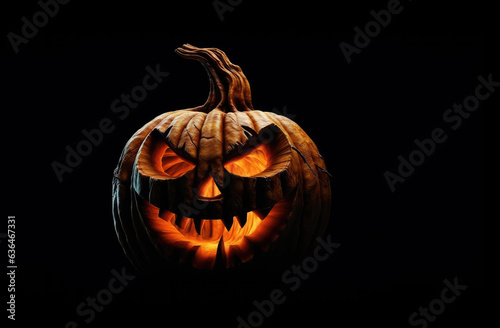 Halloween night. Candle lit Halloween Pumpkins. Halloween Backdrop with spooky pumpkins. Post-processed generative AI