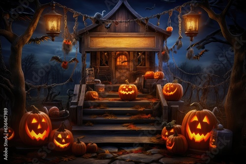 Spooky Halloween Forest Cabin with Pumpkins and Lanterns, generative ai